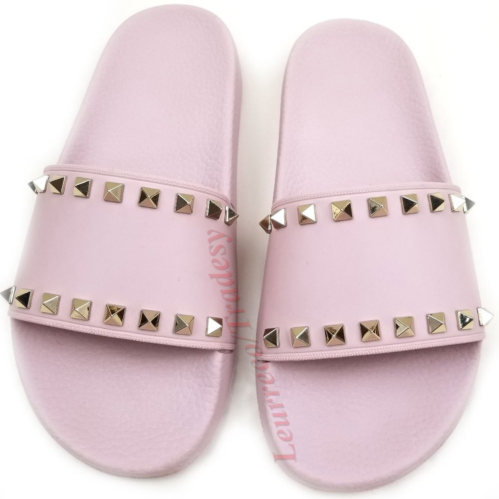 Valentino Water Rose Pink Rockstud Flat Sandals